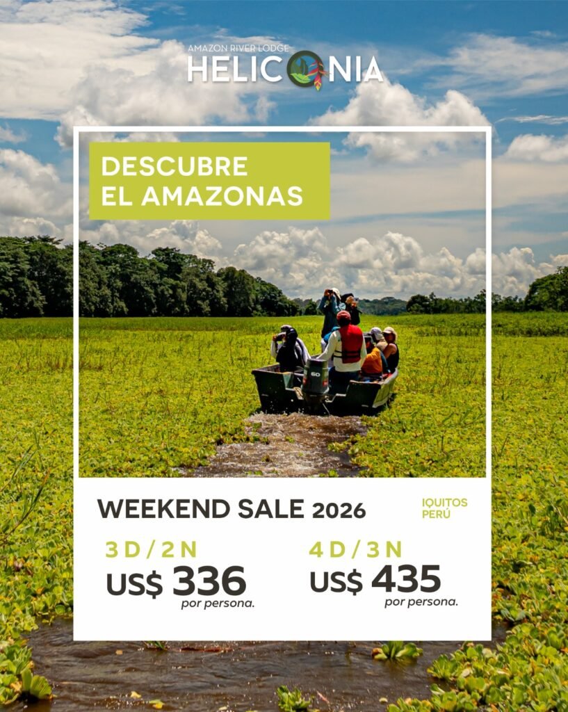 Escápate a la Amazonía peruana con la oferta de fin de semana en Heliconia Amazon River Lodge y vive una experiencia única en plena selva. Disfruta de un programa todo incluido que combina naturaleza, aventura y cultura en pocos días, ideal para quienes buscan desconectarse y explorar el Amazonas.
Navega por el río, descubre la biodiversidad de la selva, visita comunidades locales y relájate en un ecolodge rodeado de naturaleza.
⏳ Aprovecha esta escapada perfecta y reserva tu fin de semana en el Amazonas. Cupos limitados.