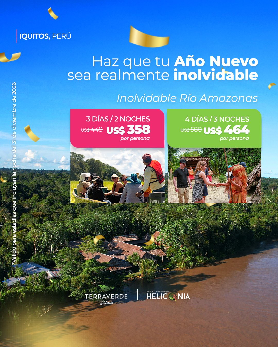 Recibe un Año Nuevo 2027 diferente, rodeados de naturaleza tranquilidad y la incomparable belleza de la Amazonía peruana en Iquitos Perú. Será una oportunidad para desconectarse de la rutina compartir momentos especiales y comenzar el nuevo año frente al majestuoso río Amazonas.