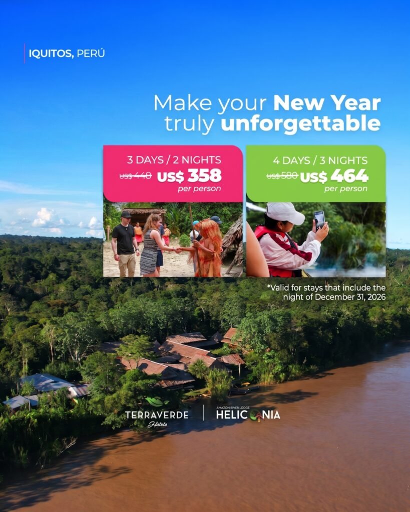 Celebra las Fiestas Patrias 2026 en el corazón de la Amazonía peruana con una experiencia única en Pacaya Samiria Amazon Lodge. Disfruta excursiones inolvidables en la Reserva Nacional Pacaya Samiria, avistamiento de fauna silvestre, caminatas por bosque primario y noches mágicas en plena naturaleza.
Relájate en cómodos bungalows ecológicos rodeados de selva virgen y celebra en nuestro exclusivo Cosho Bar, donde recibirás un trago de cortesía por cada noche de estadía.