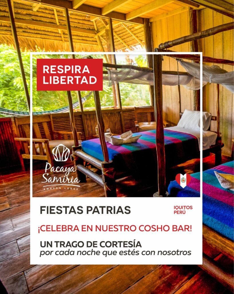 Celebra las Fiestas Patrias 2026 en el corazón de la Amazonía peruana con una experiencia única en Pacaya Samiria Amazon Lodge. Disfruta excursiones inolvidables en la Reserva Nacional Pacaya Samiria, avistamiento de fauna silvestre, caminatas por bosque primario y noches mágicas en plena naturaleza.
Relájate en cómodos bungalows ecológicos rodeados de selva virgen y celebra en nuestro exclusivo Cosho Bar, donde recibirás un trago de cortesía por cada noche de estadía.