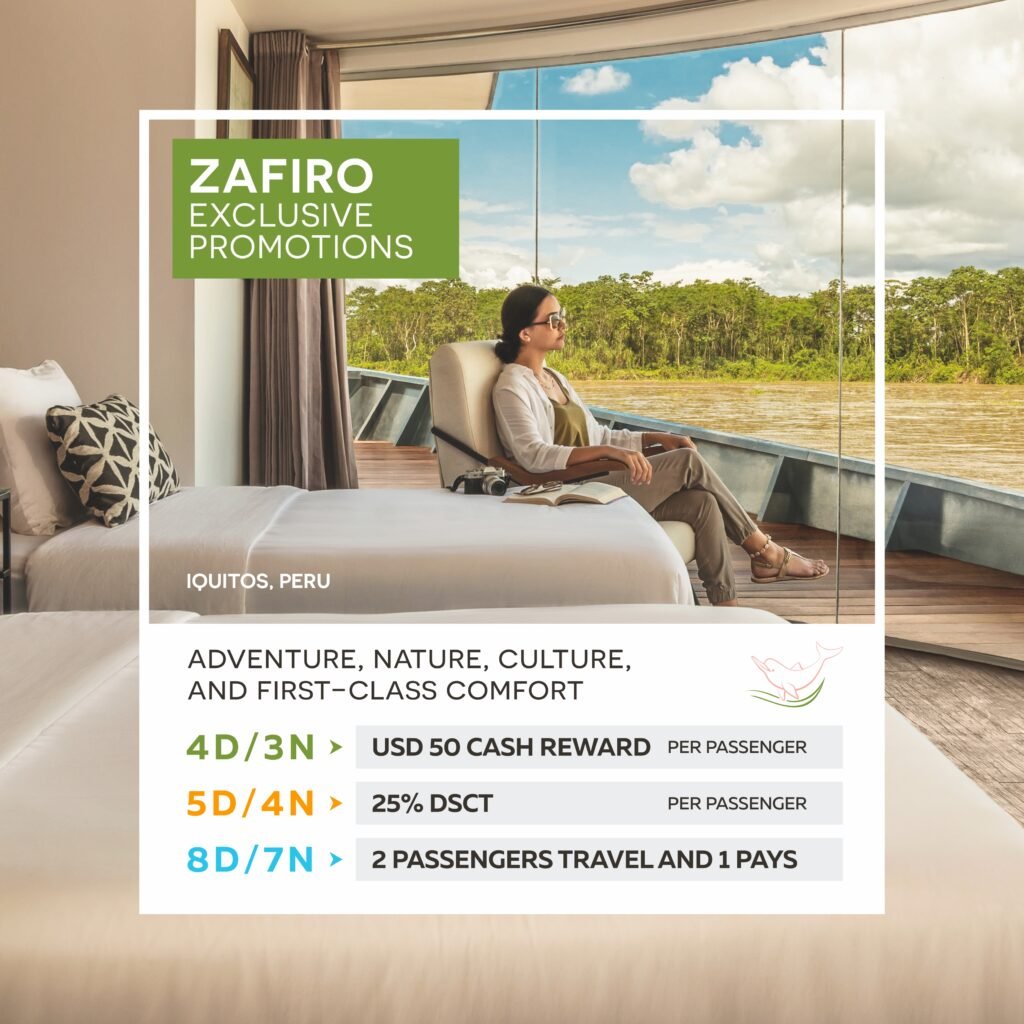 Explore the Peruvian Amazon with exclusive benefits aboard the luxurious Zafiro Amazon Cruise. Take advantage of 25% savings, USD 50 Cash Reward per guest, or our Buy One, Get One Free offer on selected departures. Book by September 30, 2026, and experience the wonders of the Amazon in unparalleled comfort and style.